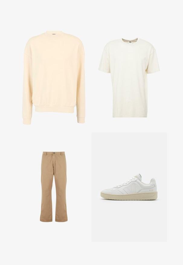 Sweatshirt de couleur crème fabriqué à partir d'un tissu doux, avec un col rond, des épaules abaissées et des poignets et un ourlet côtelés. Design simpliste.; T-shirt à manches courtes et col rond de couleur crème clair. Fabriqué en coton doux avec une coupe décontractée et des coutures minimales.; Pantalons en coton beige à coupe droite, dotés d'une fermeture à bouton, de poches avant et d'une texture lisse.; Baskets en cuir blanc avec une finition texturée et un col rembourré. Elles sont dotées d'une semelle en caoutchouc beige et d'une discrète branding sur le talon et le côté.