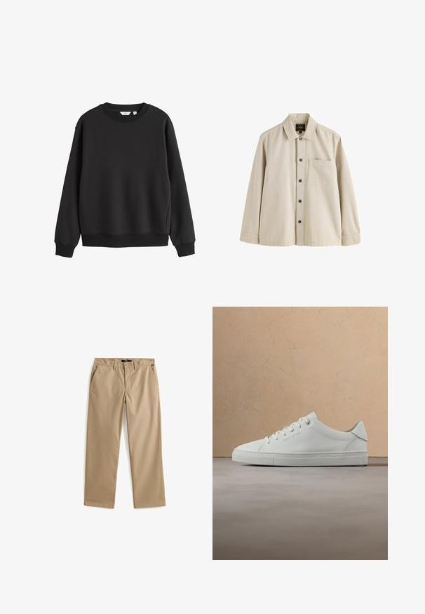 Sort sweatshirt med rund hals, lange ærmer, ribkanter ved ærmer og bund, vist på hvid baggrund.; Beige langærmet skjorte med knapper, krave og en brystlomme, lavet af et robust stof.; Beige bukser med lige ben, knap- og lynlåslukning, bæltestropper og sidelommer, lagt fladt på en hvid baggrund.; Hvid læderlav-top sneaker med snørebånd, placeret i luften over et struktureret beige tæppe, tæt på et rundt træ sofabord med bøger.