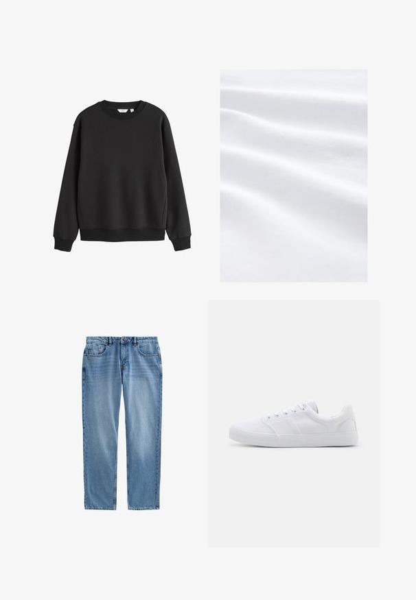 Sort sweatshirt med rund hals, lange ærmer, ribkanter ved ærmer og bund, vist på hvid baggrund.; Blødt, glat hvidt stof med subtile vandrette folder og et fint, struktureret vævemønster, jævnt oplyst uden skygger.; Lyseblå denimjeans med lige ben, fem-lomme design, synlig syning og lynlås. Ingen slid eller mønstre.; Hvide lærreds sneakers med gummisål, der har seks snørehuller, en struktureret tåkap og et minimalistisk design.