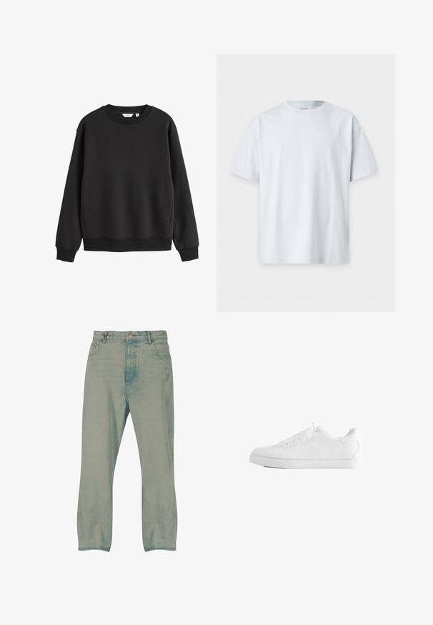 Sort sweatshirt med rund hals, lange ærmer, ribkanter ved ærmer og bund, vist på hvid baggrund.; Enkel hvid t-shirt med korte ærmer og rund hals, lagt fladt på en hvid baggrund.; Lyseblå jeans med lige ben, forrest knapper, bæltestropper og forlommer, vist mod en hvid baggrund.; Hvid lavtop sneakers med snørebånd, glat læderoverdel og flad gummiå sole set fra siden på en hvid baggrund.