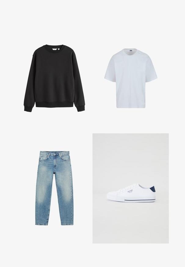 Sort sweatshirt med rund hals, lange ærmer, ribkanter ved ærmer og bund, vist på hvid baggrund.; Hvid bomulds T-shirt med rund halsudskæring, korte ærmer og lige snit. Har subtile syningsdetaljer på skuldrene.; Blå straight-leg denim jeans med forlommer og bæltestropper, der viser let falmede detaljer på lår og knæ.; Hvide kanvas sneakers med en marineblå hælaccents, flad gummisål, rund tå og hvide snørebånd. Har logo på siden.
