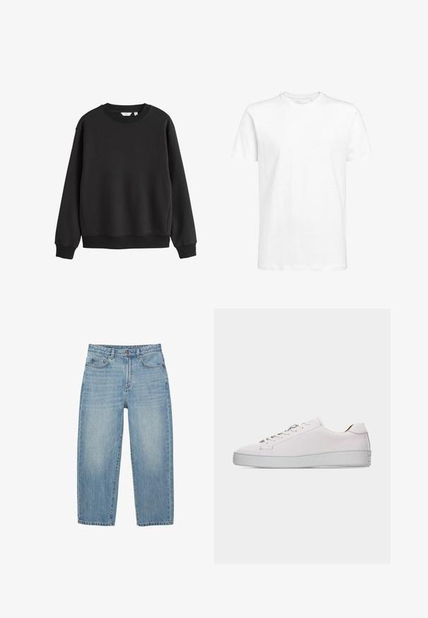 Zwarte trui met ronde hals, lange mouwen, geribde boorden en zoom, afgebeeld op een witte achtergrond.; Witte t-shirt met korte mouwen van katoen, met een ronde halslijn en een standaard pasvorm. Eenvoudig ontwerp, zonder patronen of zichtbare accenten.; Lichtblauwe denim jeans met rechte pijpen, voorzien van een knoopsluiting aan de voorkant, rits en een ontwerp met vijf zakken, tegen een witte achtergrond.; Witte leren lage sneaker met witte veters, platte geribbelde rubberen zool en minimale stiksels, gezien vanaf de buitenkant tegen een witte achtergrond.