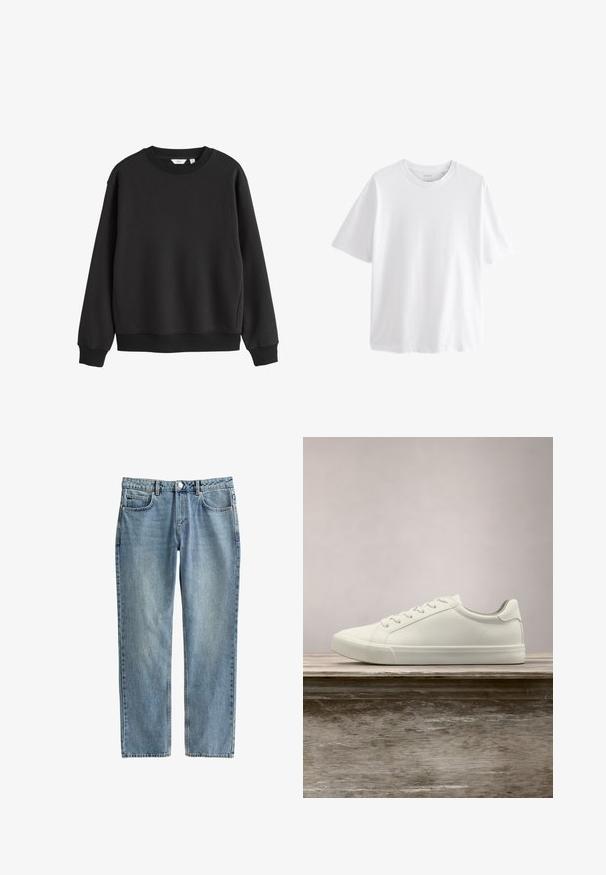 Sort sweatshirt med rund hals, lange ærmer, ribkanter ved ærmer og bund, vist på hvid baggrund.; Simpel hvid T-shirt med korte ærmer og rund hals med en afslappet pasform på hvid baggrund.; Lyseblå denimjeans med lige ben, fem lommer og knaplukning. Stof har en let falmet tekstur.; Hvide snørresneakers svævende over en træbænk med grønne planter i baggrunden, der fremhæver skodesign og tekstur.