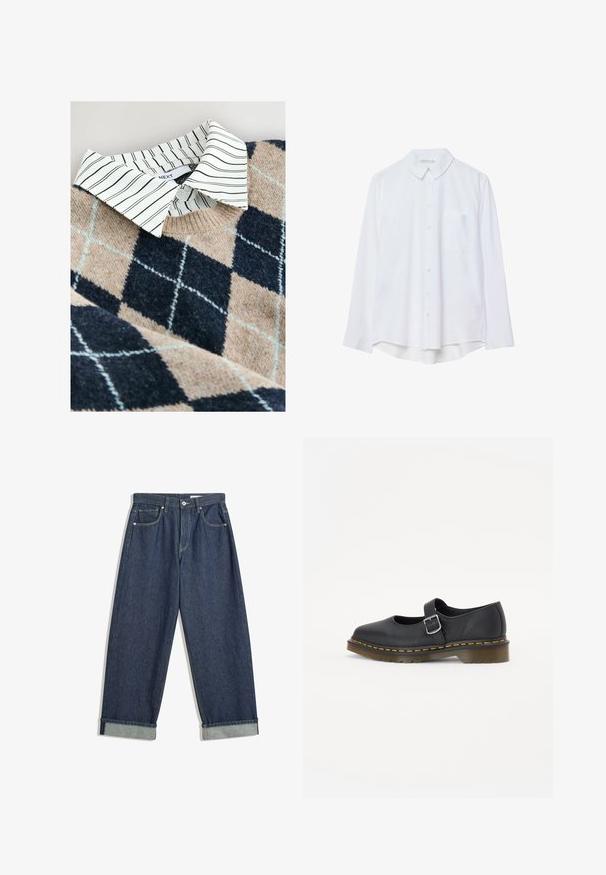 Striktrøje med et tan- og navy argyle mønster, en hvidstribet skjorte med krave under, samt et tekstureret, blødt materiale.; Hvid langærmet skjorte med knap-åbning og krave samt en enkelt brystlomme, let buet kant, præsenteret på en hvid baggrund.; Mørkeblå, vide denimbukser med foldede manchetter, frontknap og lynlås, bæltestropper og fem lommer.; Sorte læder Mary Jane sko med en rund tå, justerbar spænde, gul syning og en kraftig brun gummisål.