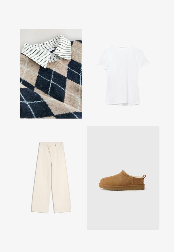 Striktrøje med et tan- og navy argyle mønster, en hvidstribet skjorte med krave under, samt et tekstureret, blødt materiale.; Hvid kortærmet t-shirt lavet af glat stof, med rund halsudskæring og diskrete syninger ved kanten.; Off-white bukser med vidde i benene, foranlommer, bærestropper og sølvknapper på linningen og lommekanter.; Brune ruskind slip-on sko med blødt, hvidt pelsfor, flad gummisål, rund tå og lille trækstrop ved hælen.