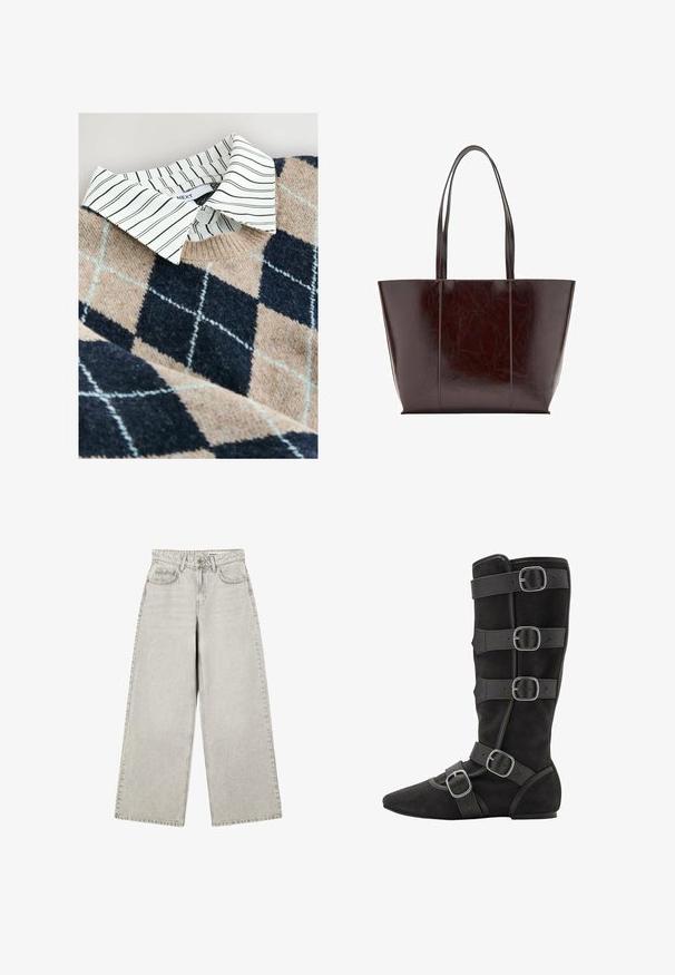 Striktrøje med et tan- og navy argyle mønster, en hvidstribet skjorte med krave under, samt et tekstureret, blødt materiale.; Lysegrå vidde jeans med knaplukning foran, bæltestropper og forlommer, lagt fladt på en hvid baggrund.; Sorte ruskind knæhøje støvler med spids tå, prydet med flere remme og spænde-detaljer langs skaftet og anklen. Flad sål design.; Mørkebrun læder-tote taske med glat tekstur, struktureret form, to lange håndtag og lodrette sømdetaljer foran.