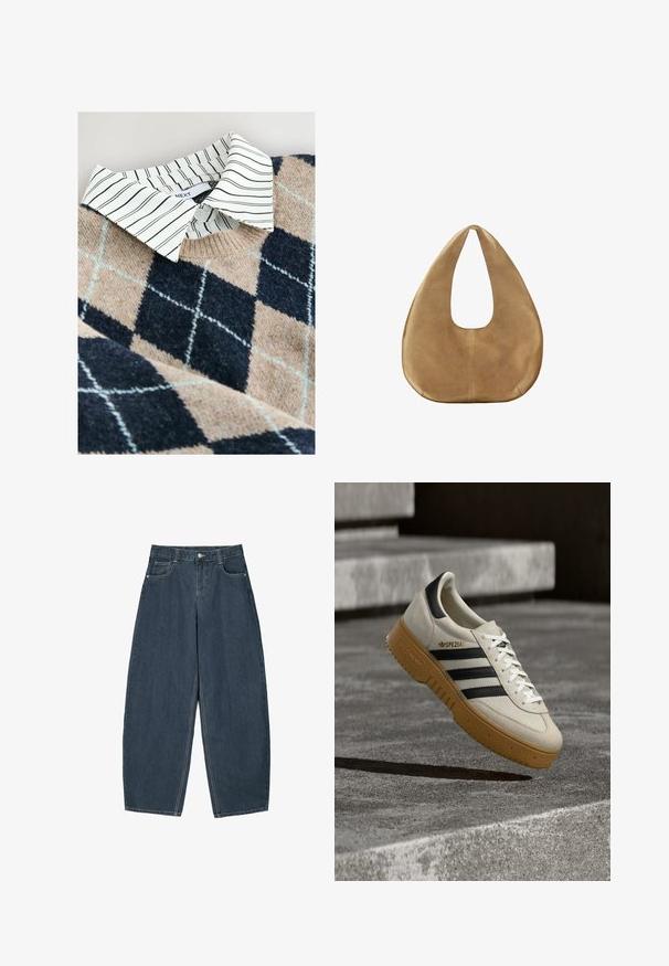 Striktrøje med et tan- og navy argyle mønster, en hvidstribet skjorte med krave under, samt et tekstureret, blødt materiale.; Mørkeblå denim buede bukser med høj talje, som har fem lommer og synlige stingdetaljer. Ren, minimalistik design.; Beige ruskindsneaker med sorte striber, hvide snørebånd og en gummisål i naturfarve. Har "SPEZIAL"-mærkning på siden.; Tanfarvet ruskinds-hobo-taske med bred, rundet krop og enkelt fladt håndtag, vist mod en ensfarvet hvid baggrund.
