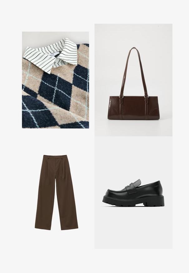 Striktrøje med et tan- og navy argyle mønster, en hvidstribet skjorte med krave under, samt et tekstureret, blødt materiale.; Brune brede bukser med en glat tekstur, der har frynser foran, høj talje og et klassisk design, der er velegnet til forskellige anledninger.; Sorte læder loafers med en chunky tekstureret sål, der har en rem over vamps og en glat, poleret finish.; Brun lakeret håndtaske med rektangulær form, to lange håndtag og subtile buede detaljer på fronten.