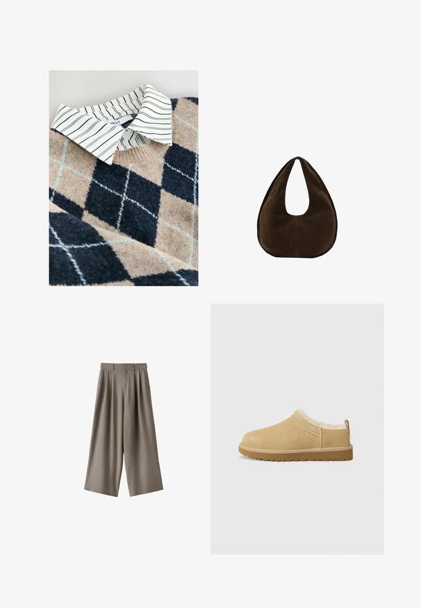 Striktrøje med et tan- og navy argyle mønster, en hvidstribet skjorte med krave under, samt et tekstureret, blødt materiale.; Højtaljede, vidde, korte bukser i taupe med bæltestropper, folder foran og skjult lukning foran.; Suede slip-on sko i lys tan, med en blød pelsforing og tekstureret gummisål med en let hæl og bagestrop for nem påklædning.; Mørkebrun ruskind skuldertaske formet som en halvmåne med en bred rem og glat tekstur på en hvid baggrund.