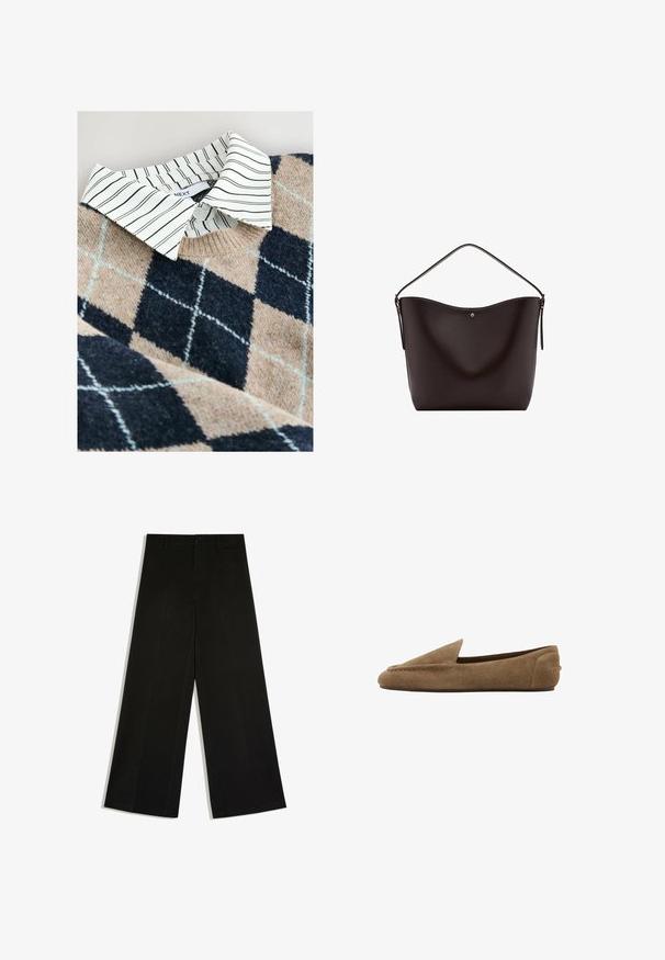 Pull en tricot avec un motif argyle beige et marine, accompagné d'une chemise coll classique à rayures blanches en dessous et d'un matériau texturé et doux.; Pantalon noir à jambes larges avec passants de ceinture, fermeture devant par bouton et zip, posé à plat sur fond blanc.; Mocassin marron en daim, modèle à enfiler, talon bas et bout arrondi, vue de côté sur fond blanc.; Sac à bandoulière en cuir marron foncé avec une seule sangle et un petit bouton doré au centre devant.