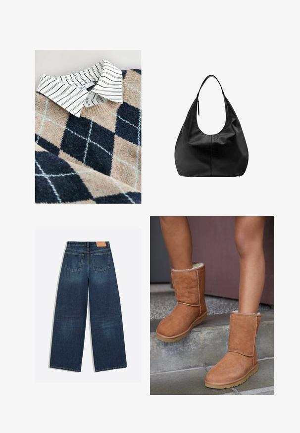 Striktrøje med et tan- og navy argyle mønster, en hvidstribet skjorte med krave under, samt et tekstureret, blødt materiale.; Mørkeblå vidbenede denimjeans med to baglommer og et brunt læderbrandmærke i linningen.; Brune ruskind ankelstøvler med rund tå, blødt foer og gummisål, der har synlige stikninger langs sømmene.; Sort læder slouchy hobo-håndtaske med en enkelt bred rem og en lynlåsdetalje på en ensfarvet hvid baggrund.