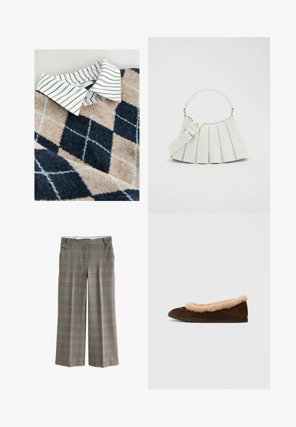 Striktrøje med et tan- og navy argyle mønster, en hvidstribet skjorte med krave under, samt et tekstureret, blødt materiale.; Brune ternede bukser med vide ben, høj talje og sidepaneldetalje, vist fladt på en hvid baggrund.; Brune ruskinds-hjemmesko med en fyldig, beige fåreskindskant langs åbningen. Flad sål med tekstureret grip for komfort og stabilitet.; Lacoste LENGLEN BAG - Håndtasker - cristalline