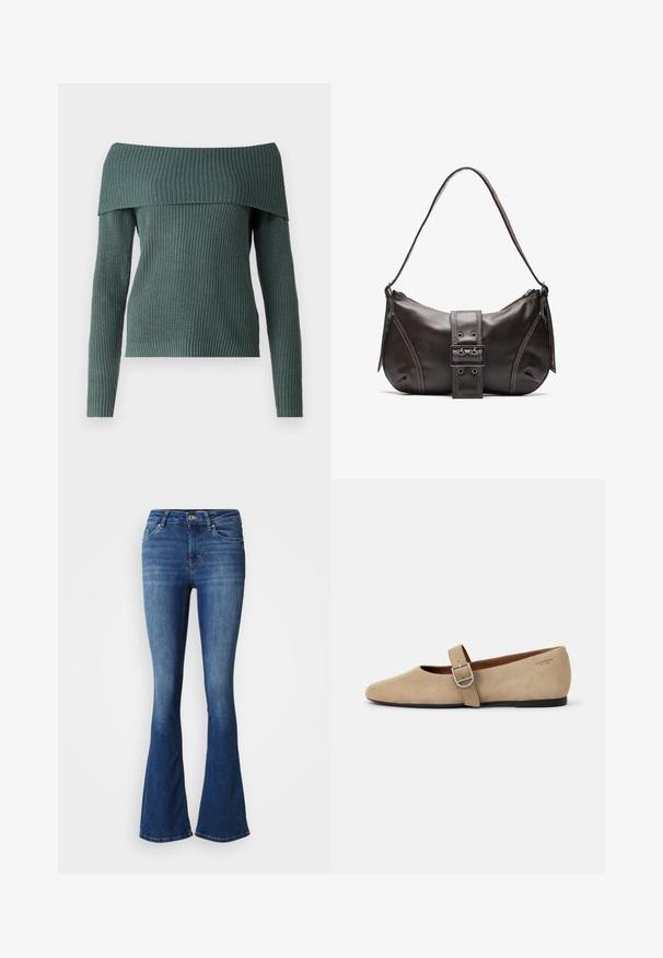 ONLY ONLMELTON LIFE OFF SHOULDER - Svetrík - balsam green; Modré džínsy s vysokým pásom, so svetlými prednými partiami na stehnách a rozšírenými nohavicami, s prednými a zadnými vreckami a zapínaním na gombík.; Béžové semišové Mary Jane balerínky s špicatou špičkou a jedným nastaviteľným pásikom so striebornou prackou. Čierna plochá podrážka.; Hnedá kožená taška cez plece s zakriveným tvarom, s výrazným detailom sponky, kontrastným prešívaním a jedným popruhom na plece.