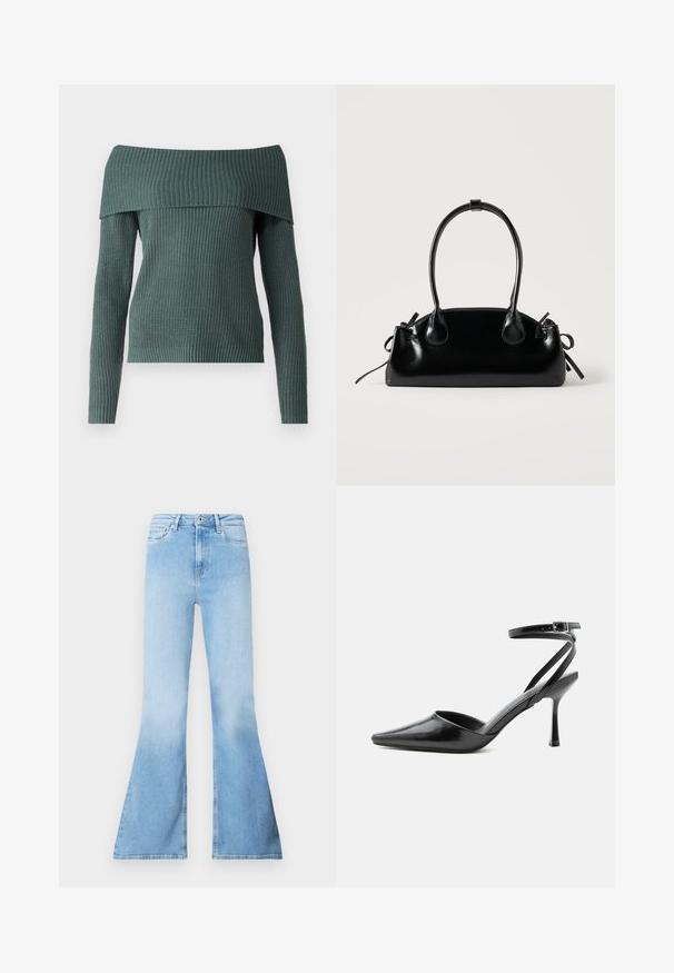 ONLY ONLMELTON LIFE OFF SHOULDER - Svetrík - balsam green; Svetlomodré zvonové rifle z denimu s vysokým pásom, s prednými vreckami a vyblednutou textúrou smerom ku spodnej časti nôh.; Čierny lodička na vysokom opätku so špicatou špičkou, tenkými remienkami okolo členku a striebornou prackou na jednoduchom svetlom pozadí.; Malá čierna lesklá kabelka s dvoma dlhými rúčkami a bočnými šnúrkovými detailmi na jednoduchom svetlom pozadí.