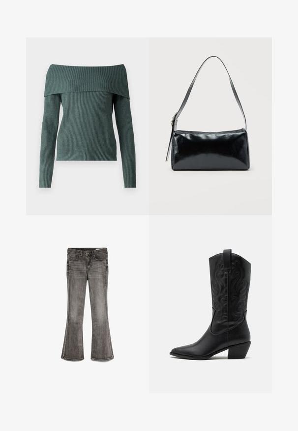 ONLY ONLMELTON LIFE OFF SHOULDER - Džemper - balsam green; Laia teksad pleekinud mustast denimist, millel on kerge läige. Omavad viit taskut ja kontrastõmblused äärtes.; Must have mustakotkad nahast saapad terava ninaga, ehted keerlevate mustritega ja keskmise kõrgusega kontsaga. Omab tõmberiba lihtsaks selga panemiseks.; Must ristkülikukujuline õlakott ühe reguleeritava rihmaga ja ülemise tõmblukuga, ühtlase taustaga.