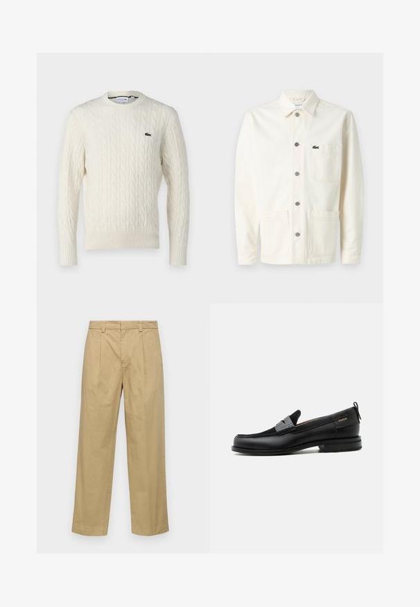 Suéter de punto trenzado color crema con cuello redondo, puños y dobladillo acanalados, y un logo verde de Lacoste en el pecho. La tela texturizada resalta los detalles.; Chaqueta de color crema hecha de lienzo con cierre de botones en el frente, dos grandes bolsillos frontales y un pequeño logo verde bordado en el pecho.; Pantalones de algodón beige con un diseño de pierna recta, que cuentan con pliegues frontales y bolsillos laterales. La tela tiene una textura suave y lisa.; Mocasín de cuero negro con detalle de tira gris, tacón bajo y suela texturizada, con la marca "HUGO" en oro en el lateral.
