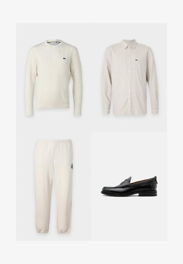 Krémový sveter s pleteným vzorom, okrúhlym výstrihom, rebrovanými manžetami a lemom, a zeleným logom Lacoste na hrudi. Štruktúrovaná tkanina zvýrazňuje detaily.; Béžová košeľa s dlhým rukávom s červeným a modrým štvorcovým vzorom, zapínanie na gombíky vpredu, golier a zelené logo krokodíla na ľavej strane hrude.; Svetlo béžové tepláky z bavlny s elastickým pásom, rebrovanými manžetami a zeleným logom s dizajnom listu na ľavej nohe.; Čierny kožený pánsky mokasín s prešitím moc toe, penny remienkom, textúrovaným golierom a nízkym vrstveným podpätkom na bielom pozadí.