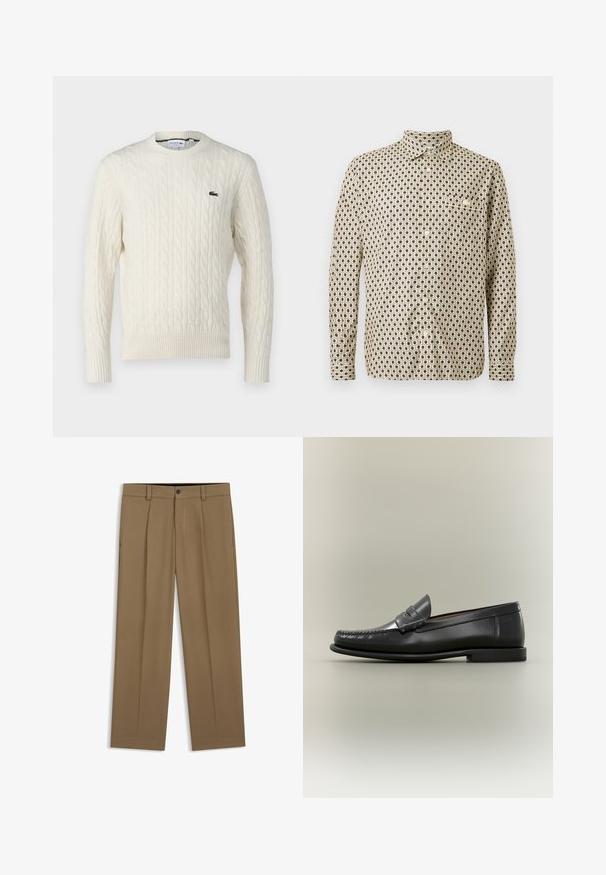 Krémový sveter s pleteným vzorom, okrúhlym výstrihom, rebrovanými manžetami a lemom, a zeleným logom Lacoste na hrudi. Štruktúrovaná tkanina zvýrazňuje detaily.; Bežová košeľa s dlhým rukávom s geometrickým čiernym vzorom, s jednou náprsnej vreckom a golierom na gombíky. Bavlnený materiál; bežný strih.; Hnedé nohavice s rovnými nohavicami s pútkami na opasok, predným gombíkom a zipsom, zobrazené na bielom pozadí.; Čierna kožená pánska mokasína s dizajnom moc-toe, remienkom na penny a nízkym podpätkom na neutrálom pozadí.