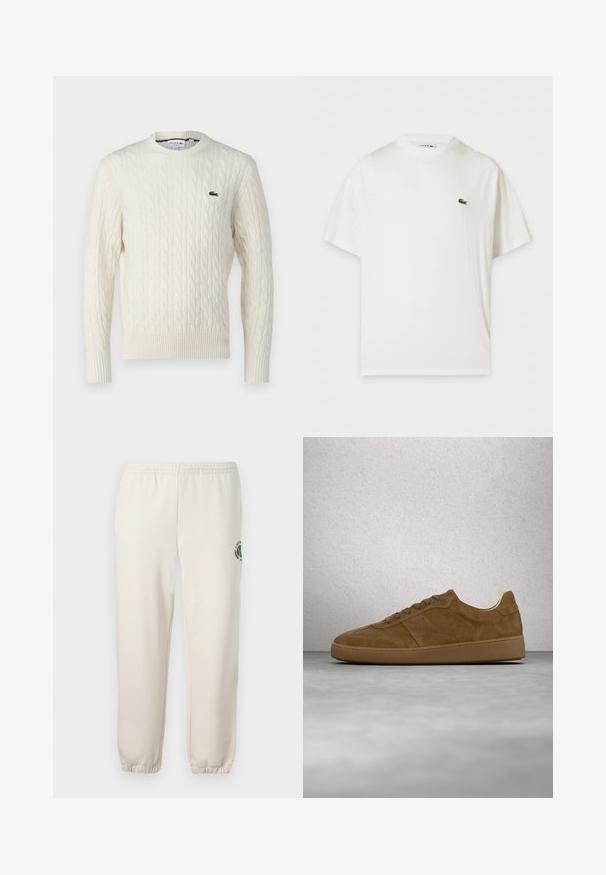 Krémový sveter s pleteným vzorom, okrúhlym výstrihom, rebrovanými manžetami a lemom, a zeleným logom Lacoste na hrudi. Štruktúrovaná tkanina zvýrazňuje detaily.; Biele tričko s krátkym rukávom a okrúhlym výstrihom s malým zeleným logom krokodíla na ľavej strane hrudníka.; Svetlo béžové tepláky z bavlny s elastickým pásom, rebrovanými manžetami a zeleným logom s dizajnom listu na ľavej nohe.; Hnedá semišová teniska s béžovými šnúrkami a gumovou podrážkou. Má zaoblenú špičku a prešívané detaily na zvršku. Ľahká konštrukcia.
