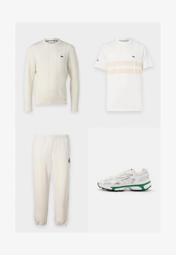 Suéter de punto trenzado color crema con cuello redondo, puños y dobladillo acanalados, y un logo verde de Lacoste en el pecho. La tela texturizada resalta los detalles.; Camiseta de algodón blanca con dos franjas horizontales beige, pequeño logo bordado en el pecho y cuello redondo. Mangas cortas.; Pantalones de chándal de color beige claro, hechos de algodón, con una cinturilla elástica, puños acanalados y un logo verde con diseño de hoja en la pierna izquierda.; Zapatilla blanca con acento verde y suela de goma negra. Presenta paneles de malla y sintéticos, con un acabado texturizado y costuras visibles.