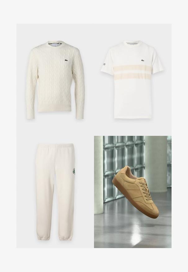 Suéter de punto trenzado color crema con cuello redondo, puños y dobladillo acanalados, y un logo verde de Lacoste en el pecho. La tela texturizada resalta los detalles.; Camiseta de algodón blanca con dos franjas horizontales beige, pequeño logo bordado en el pecho y cuello redondo. Mangas cortas.; Pantalones de chándal de color beige claro, hechos de algodón, con una cinturilla elástica, puños acanalados y un logo verde con diseño de hoja en la pierna izquierda.; Zapatilla beige de ante con suela de goma, diseño con cordones, flotando en interiores sobre suelo de hormigón pulido cerca de pared de bloques de vidrio.
