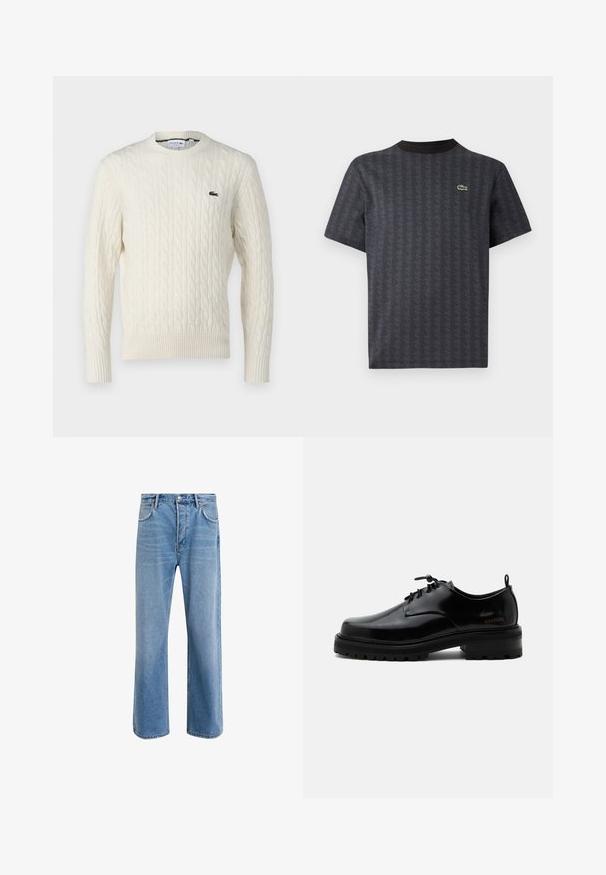 Krémový sveter s pleteným vzorom, okrúhlym výstrihom, rebrovanými manžetami a lemom, a zeleným logom Lacoste na hrudi. Štruktúrovaná tkanina zvýrazňuje detaily.; Čierne tričko s krátkym rukávom s geometrickým vzorom a zeleným logom krokodíla, so pevným čiernym okrúhlym výstrihom.; Svetlo modré denimové džínsy so strihom rovného nohu, päť vreciek, zapínanie na gombík, minimálne vyblednutie a kontrastné švy.; Čierna leštená kožená šnurovacia obuv s hrubou gumovou podrážkou a nízkym podpätkom, bočný nápis značky "SAMSOE" a zadné ťahadlo.