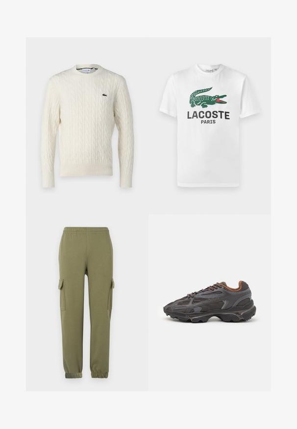 Suéter de punto trenzado color crema con cuello redondo, puños y dobladillo acanalados, y un logo verde de Lacoste en el pecho. La tela texturizada resalta los detalles.; Lacoste Camiseta estampada - white; Pantalones cargo de tela liviana en color verde oliva, con bolsillos laterales, cintura elástica y puños ajustados para un ajuste ceñido.; Zapatillas Lacoste en gris oscuro con material de malla y sintético, que cuentan con una suela texturizada y detalles en marrón en el cuello y la marca.