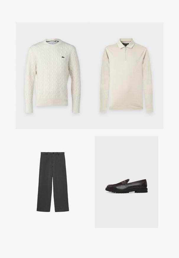 Creme kabelstrikket sweater med rund halsudskæring, ribbede manchetter og kant, samt et grønt Lacoste-logo på brystet. Den teksturerede stof forbedrer detaljerne.; Kremfarvet langærmet polo i blødt stof med lynlåslukning ved kraven og glat tekstur, med en tætsiddende pasform og minimal detaljering.; Grå bredbensbukser lavet af et slidstærkt stof, der har knaplukning, bæltestropper og sidelommer. Glat tekstur, lige snit.; Mørkebrun læderloafer med ruskindstop, pennyrem, syninger og tyk gummisål med slidmønster, vist fra siden.