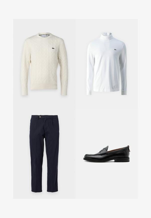 Krémový sveter s pleteným vzorom, okrúhlym výstrihom, rebrovanými manžetami a lemom, a zeleným logom Lacoste na hrudi. Štruktúrovaná tkanina zvýrazňuje detaily.; Biela dlhá rukávová tričko s rolákom vyrobené z jemného materiálu, s malým zeleným vyšitým logom na hrudi a priliehajúcimi manžetami.; Námornícky modré rovné nohavice z bavlny s jedným gombíkom a šikmými bočnými vreckami. Hladká textúra s minimálnym zvrásnením.; Čierny kožený pánsky mokasín s prešitím moc toe, penny remienkom, textúrovaným golierom a nízkym vrstveným podpätkom na bielom pozadí.