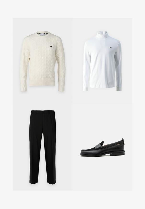Creme kabelstrikket sweater med rund halsudskæring, ribbede manchetter og kant, samt et grønt Lacoste-logo på brystet. Den teksturerede stof forbedrer detaljerne.; Hvid langærmet turtleneck trøje lavet af blødt stof, med et lille grønt broderet logo på brystet og tætsiddende mancher.; Sorte bukser lavet af glat stof, med lige snit, to forlommer og lynlås med knaplukning.; Sort læderloafer med grå remdetalje, lav hæl og tekstureret sål, mærket med "HUGO" i guld på siden.