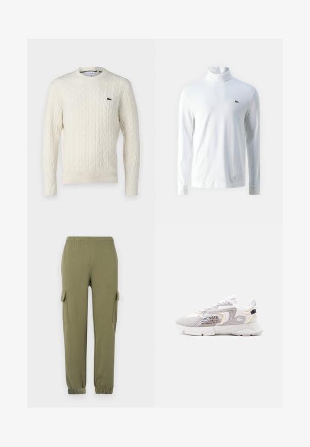 Krémový sveter s pleteným vzorom, okrúhlym výstrihom, rebrovanými manžetami a lemom, a zeleným logom Lacoste na hrudi. Štruktúrovaná tkanina zvýrazňuje detaily.; Biela dlhá rukávová tričko s rolákom vyrobené z jemného materiálu, s malým zeleným vyšitým logom na hrudi a priliehajúcimi manžetami.; Nohavice cargo v olivovo zelenej ľahkej tkanine, s bočnými vreckami, elastickým pásom a zúženými manžetami pre priliehavý strih.; Biela a svetlosivá teniska Lacoste s panelmi z mäšky, semišovými detailmi, hrubou podrážkou a potlačenými súradnicami na boku.