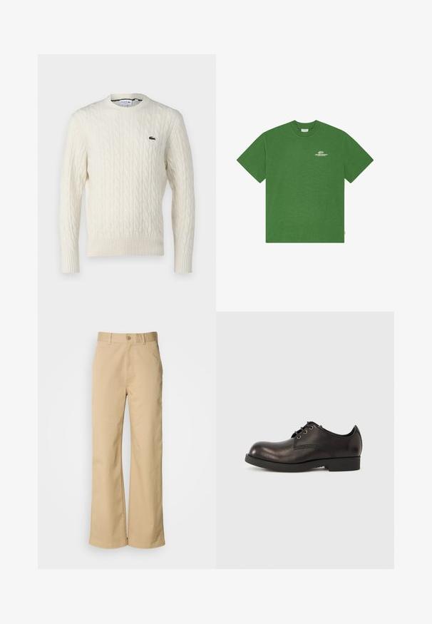 Creme kabelstrikket sweater med rund halsudskæring, ribbede manchetter og kant, samt et grønt Lacoste-logo på brystet. Den teksturerede stof forbedrer detaljerne.; Grøn kortærmet T-shirt med rund hals og lille hvid "Les Deux Society"-logo på venstre bryst.; Beige, vidde bukser lavet af en bomuldsblanding. Har en knaplukning og bæltestropper. Glat tekstur med minimale syninger.; Sort lædersko med rund tå, minimal syning og lav gummihæl, sikret med sorte snørebånd.