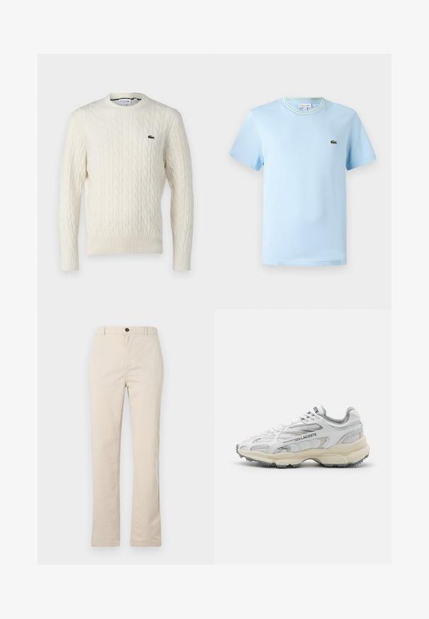 Suéter de punto trenzado color crema con cuello redondo, puños y dobladillo acanalados, y un logo verde de Lacoste en el pecho. La tela texturizada resalta los detalles.; Camiseta de algodón azul claro con mangas cortas, cuello redondo con un ribete de rayas verdes y blancas, y un pequeño logo bordado en el pecho.; Pantalones de algodón beige claro con un diseño de pierna recta, que cuentan con un cierre frontal de botón, cremallera y detalles de costura mínimos.; Zapatillas deportivas blancas con detalles en gris, parte superior de malla y sintético, diseño de cordones, y suela de goma texturizada con patrones de tracción.