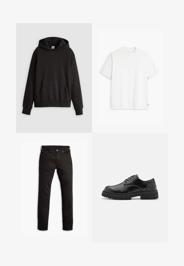 Sort Levi's hoodie med forsidekængurulomme og subtilt logo broderet på brystet, vist mod en ensfarvet lys baggrund.; Hvid t-shirt i bomuld med korte ærmer, rund halsudskæring og en diskret "Levi's"-logo trykt i lyse farver på forsiden.; Sorte denimjeans med et lige ben-design, forlommer og knaplukning. Stoffet har en glat tekstur og minimal detaljering.; Sorte lædersko med rund tå, snørelukning og en tykk, struktureret gummisål. Har syninger langs kanten og en glat overflade.