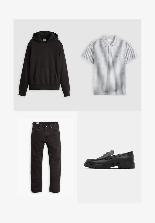 Sort Levi's hoodie med forsidekængurulomme og subtilt logo broderet på brystet, vist mod en ensfarvet lys baggrund.; Grå polo med mørkegrå vandrette striber, korte ærmer og ribbet krave. Har en lille rød Levi's-logo på brystet.; Sorte denim jeans med lige ben, der har et klassisk fem-lomme design, subtil syning og en metal knaplukning.; Sorte læder loafers med rund tå, der har et syet design, lav platformssål og en struktureret, skridsikker gummisål.