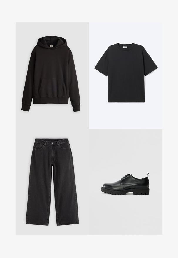 Hoodie noir Levi's avec poche kangourou à l'avant et logo discret brodé sur la poitrine, présentée sur un fond clair uni.; T-shirt noir à manches courtes avec col rond, coupe décontractée, vue de face, design uni et étiquette de la marque Weekday visible à l’intérieur du col.; Jean en denim noir à jambes larges avec poches avant, passants pour ceinture et fermeture par boutons, présenté sur un fond clair uni.; Chaussure en cuir noir à bout arrondi, présentant un design à lacets, une semelle en caoutchouc noire robuste et un petit onglet de talon à l'arrière.
