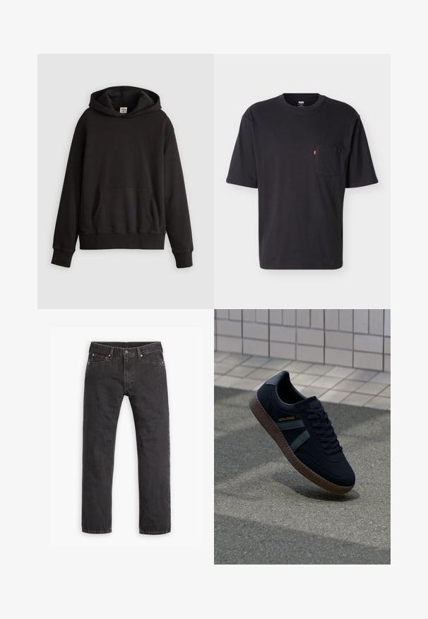Sort Levi's hoodie med forsidekængurulomme og subtilt logo broderet på brystet, vist mod en ensfarvet lys baggrund.; Sort T-shirt med korte ærmer, rund hals og brystlomme med lille rød Levi's logo på lommen mod ensartet lyst baggrund.; Sorte straight-leg denim jeans med fem lommer, knaplukning og copper nitter liggende fladt på en hvid baggrund.; Sort sneaker med struktureret overflade, mørkegrønne striber og brun gummisål. Har snøringer og branding på siden.