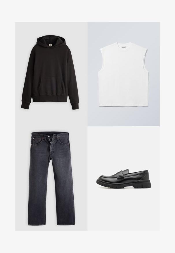Sort Levi's hoodie med forsidekængurulomme og subtilt logo broderet på brystet, vist mod en ensfarvet lys baggrund.; Hvid ærmeløs bomulds top med rund hals og markerede skulderpartier, mærket "WEEKDAY" på halsmærket, vist på lys grå baggrund.; Sorte denimjeans med lige snit, fem-lommer design og kobberknapdetaljer. Glat tekstur med let falmet finish.; Sort læder loafersko med en bred rem over forfoden, gummisål med tykke mønstre og glat overflade. Klassisk, slankt design.