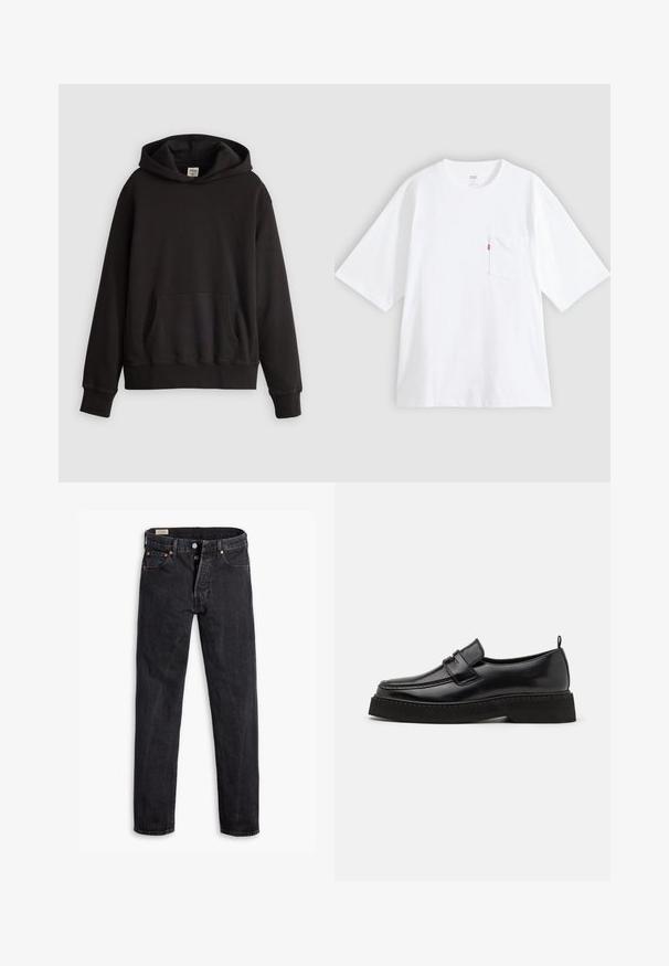 Sort Levi's hoodie med forsidekængurulomme og subtilt logo broderet på brystet, vist mod en ensfarvet lys baggrund.; Hvid bomulds-T-shirt med korte ærmer, rund hals og lomme på venstre bryst. Har en lille rød logoetiket på lommen.; Sorte jeans med høj talje og lige ben, med knapgylp og fem-lomme design lagt fladt på hvid baggrund.; Sorte læder loafersko i stil med flad, tekstureret sål, med en syet tå og en rem over vristen.