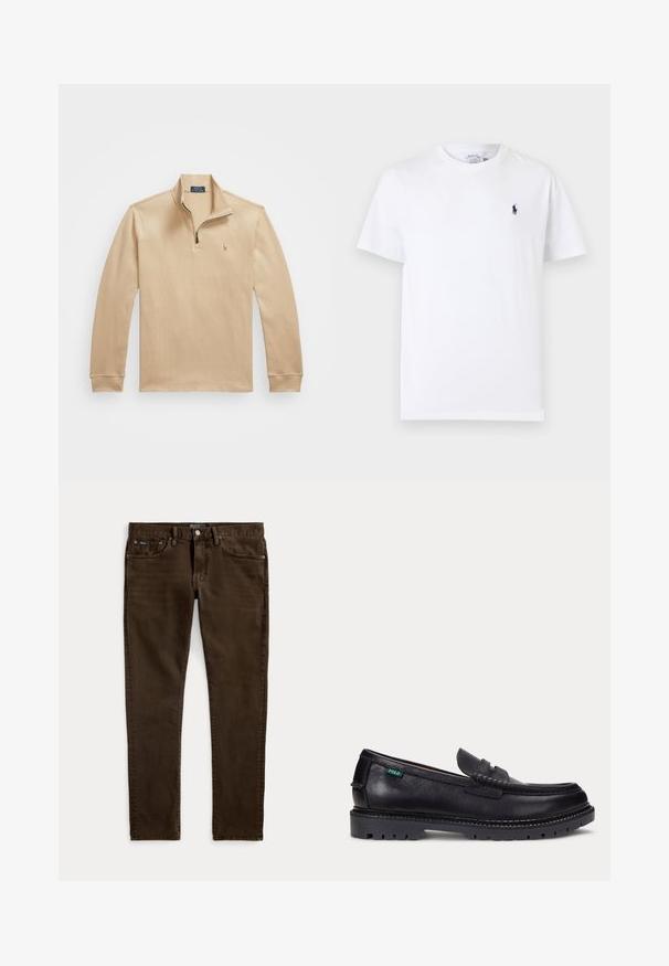 Polo de manga larga beige con cuello con cremallera, hecho de tela texturizada, con un pequeño logotipo bordado en el lado izquierdo del pecho.; Camiseta blanca de manga corta con cuello redondo y pequeño logo de jugador de polo en azul oscuro en el pecho izquierdo.; Vaqueros ajustados de color marrón oscuro con cinco bolsillos, cierre de botón y cremallera, y etiquetas visibles de la marca Polo en la cintura y el bolsillo delantero.; Mocasín de cuero negro con suela gruesa estriada y pequeña etiqueta verde "Polo" en el lado exterior cerca del talón.