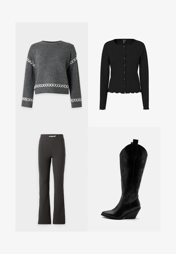 Pull en tricot gris foncé avec des motifs en points de croix blancs sur les manches et près de la taille, col rond, poignets et ourlet côtelés.; Cardigan noir à manches longues avec une texture côtelée, un col rond et un ourlet en dents de scie. Présente un devant à boutons et des détails subtils.; Pantalons évasés noirs en tissu extensible avec une texture lisse. Dotés d'une large ceinture avec des détails de logo en haut.; Botte de cowboy en cuir noir avec bout pointu, talon bloc incliné, couture décorative et languettes en haut sur fond blanc.