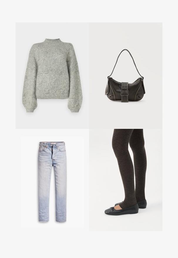 Pull en tricot gris clair avec un col haut, des manches larges et une texture douce. Présente un motif subtil sur l'ensemble.; Jean en denim bleu clair avec une coupe droite, dotés d'une fermeture à boutons, de cinq poches et d'un léger délavage sur les jambes.; Jambes portant des leggings côtelés foncés associés à des ballerines noires avec de petits détails en nœud sur fond blanc.; Sac à épaule en cuir noir avec une sangle à boucle, des bords arrondis et des coutures blanches contrastées sur un fond uni.