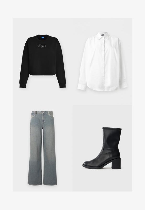 Sweat-shirt court noir avec manches longues, poignets côtelés et logo blanc "Hugo" dans un ovale sur la poitrine.; Chemise blanche à manches longues avec col pointu, boutonnée, présentée à plat sur un fond blanc uni.; Jean large coupe large délavé clair en denim, doté d'un design classique à cinq poches, d'une fermeture éclair et bouton, avec des accents d'ourlet effiloché.; Botte en cuir noir à cheville avec un bout rond, texture lisse et un talon épais, présentant un tige ajustée et un subtil détail de couture.