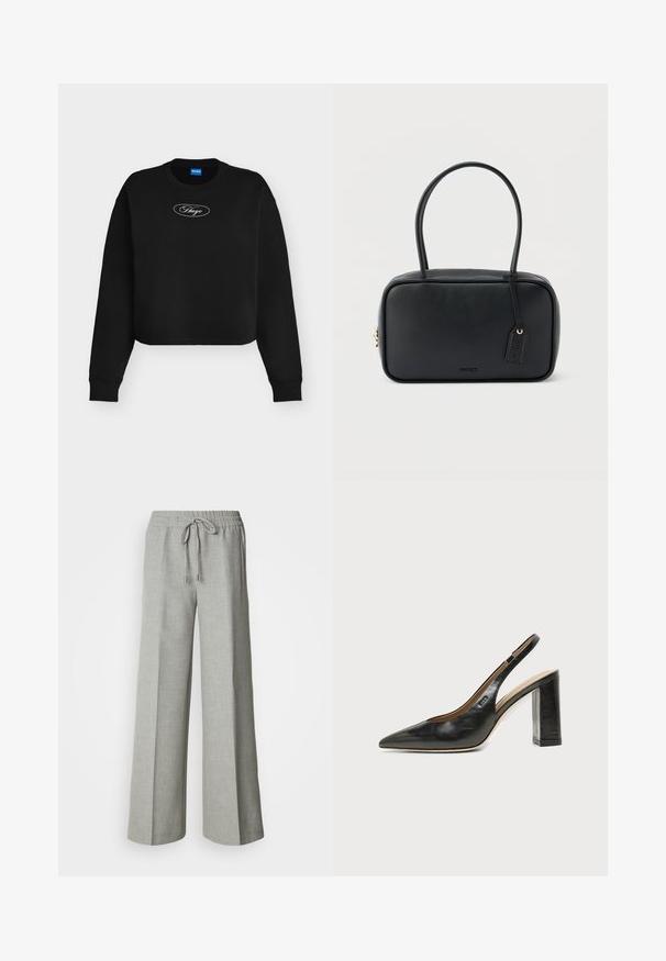 Sweat-shirt court noir avec manches longues, poignets côtelés et logo blanc "Hugo" dans un ovale sur la poitrine.; Pantalon ample gris clair avec taille élastique et cordon de serrage, poches avant, et tissu texturé subtil.; Chaussure slingback en cuir noir à bout pointu avec un talon bloc haut et une doublure intérieure beige sur un fond clair uni.; Sac à main rectangulaire noir avec doubles poignées arrondies, fermeture éclair dorée et logo "HUGO" embossé sur le devant avec une étiquette en cuir attachée.