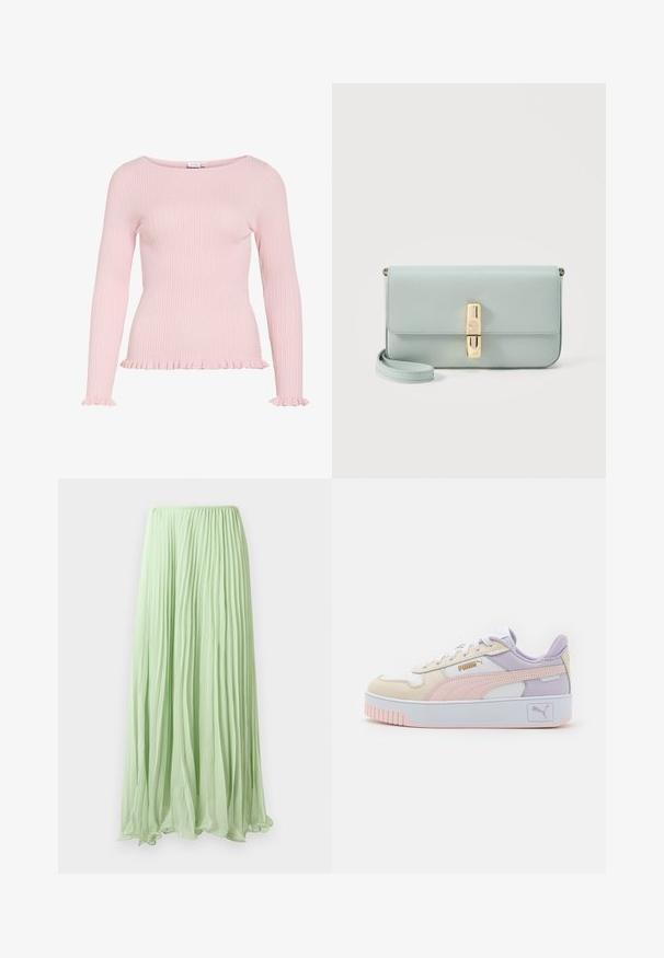 Haut rose clair côtelé à manches longues avec encolure bateau, poignets volantés et détails volantés à l'ourlet.; Jupe longue plissée vert clair avec un tissu fluide et une taille élastique, présentée sur un fond blanc.; Baskets pour hommes en crème, rose et lavande, en cuir synthétique, avec des lacets blancs, une épaisse semelle blanche et des accents de logo doré.; Pochette en cuir bleu clair avec fermoir rectangulaire doré et sangle de poignet amovible sur fond blanc.