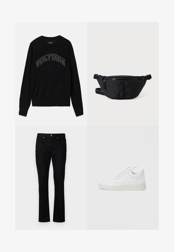 Sort sweater med rund hals og lange ærmer. "VOLTAIRE" i kontrasterende syning hen over brystet. Blød tekstur og tætsiddende design.; Sorte denim jeans med lige ben, der har en mid-rise talje, fem lommer og metalhardware detaljer. Glat tekstur.; Hvid lædersneaker med rundet tå, flad sål og snørebånd foran. Har syningsdetaljer og polstret krave for komfort.; Sort Moschino bæltetaske med frontlynlås og justerbar rem på en ensfarvet lys baggrund.