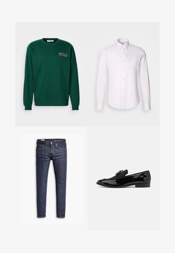 Mørkegrøn sweatshirt med rund hals, lange ærmer og ribbede manchetter. Funktioner "Lazy Morning Brew Society" broderet i orange og hvid.; Hvid langærmet skjorte lavet af glat stof med skjortekrave, der har fuld knaplukning og afrundet nederste kant.; Mørkeblå slim-fit Levi's Performance jeans med fem lommer og synlig syning på hvid baggrund.; Sorte patentlæder loafers med en lav hæl, der har et kontrasterende panel i sort stof og en dekorativ metal spænde accenter.