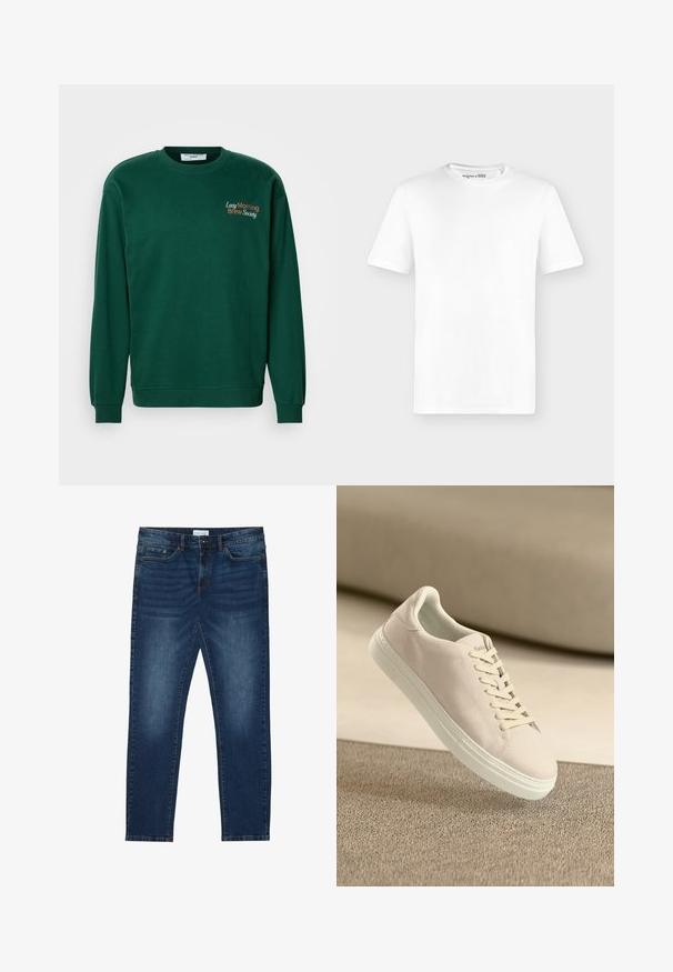 Mørkegrøn sweatshirt med rund hals, lange ærmer og ribbede manchetter. Funktioner "Lazy Morning Brew Society" broderet i orange og hvid.; Enkelt hvid T-shirt med korte ærmer og rund hals, vist forfra mod en lys grå baggrund uden synlige logoer.; Mørkeblå slim-fit jeans med falmede detaljer, klassisk fem-lomme design, knappelukning og bæltestropper.; Beige ruskinds sneakers med hvid sål og snørebånd, vist svævende over tekstureret beige tæppe mod en blød beige baggrund.