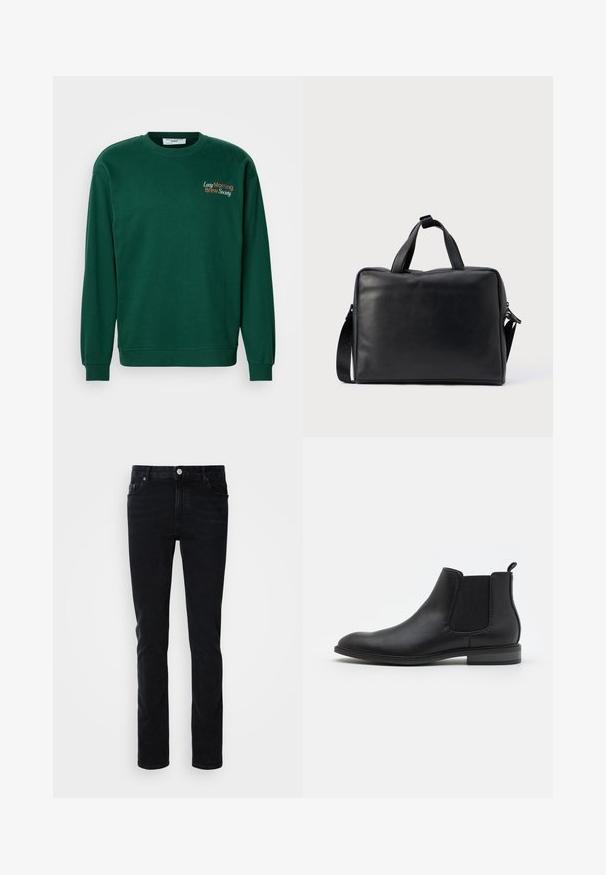 Dunkelgrüner Sweatshirt mit Rundhalsausschnitt, langen Ärmeln und gerippten Bündchen. Mit "Lazy Morning Brew Society" in Orange und Weiß bestickt.; Schwarze Denim-Jeans mit einer schmalen Passform, ausgestattet mit einer Vordertasche, Gürtelschlaufen und einem Knopfverschluss. Glatte Textur, minimalistisches Design.; Schwarze Leder-Chelsea-Stiefel mit elastischen Seitenpaneelen, runder Zehenform und Zugschlaufe, ausgestattet mit einem niedrigen Blockabsatz und glatter Textur.; Schwarze Leder-Reisetasche mit rechteckiger Form, zwei Griffen, abnehmbarem Schulterriemen und minimalen Verzierungen.