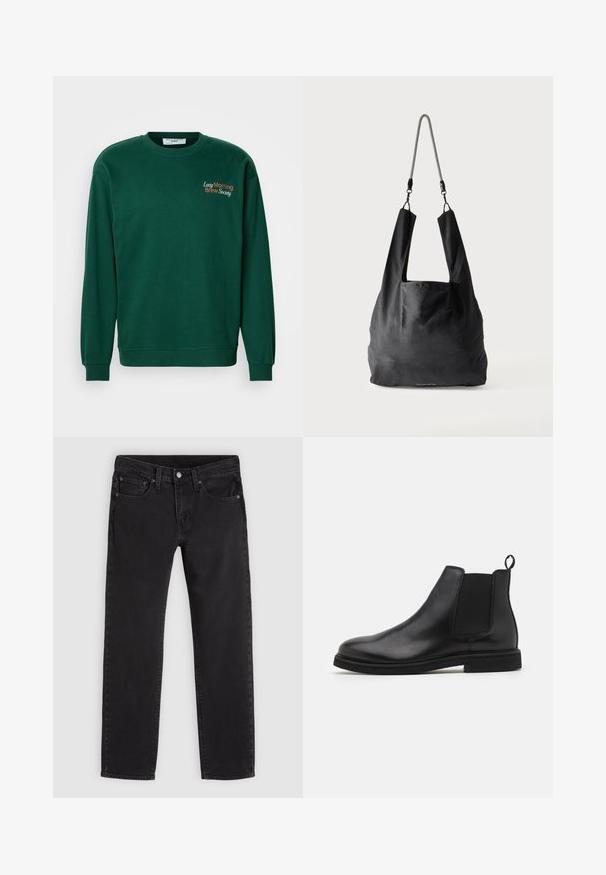 Donkergroene sweatshirt met een ronde hals, lange mouwen en geribbelde manchetten. Is voorzien van de geborduurde tekst "Lazy Morning Brew Society" in oranje en wit.; Zwarte jeans met rechte pijpen, voor- en achterzakken, riemlussen en een knoopsluiting.; Zwarte leren Chelsea boots met elastische zijpanelen en een trekband. Ronde neus en platte rubberen zool, met een gladde afwerking.; Zwart zachte stoffen draagtas met brede handvatten en een dunne zwart-witte gevlochten schouderriem.